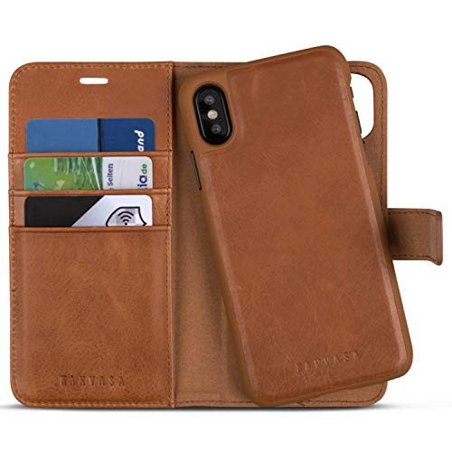 Funda iPhone XS/iPhone X Case Cartera Desmontable Marrón - KANVASA Piel Auténtica Premium 2 en 1 Tipo Libro Cierre Imán para Apple iPhone XS/X/10S/10 Original - Compatible con Carga Inalámbrica