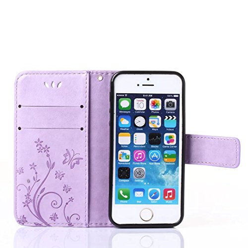 Funda para iPhone 6/iPhone 6S, funda para iPhone 6S, piel sintética, cierre magnético, diseño de mariposas y flores en relieve, ranura para tarjetas para iPhone 6/6S (morado claro)