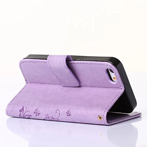 Funda para iPhone 6/iPhone 6S, funda para iPhone 6S, piel sintética, cierre magnético, diseño de mariposas y flores en relieve, ranura para tarjetas para iPhone 6/6S (morado claro)