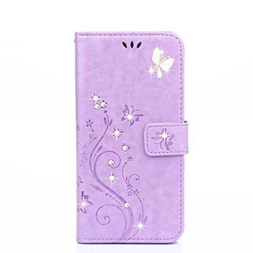 Funda para iPhone 6/iPhone 6S, funda para iPhone 6S, piel sintética, cierre magnético, diseño de mariposas y flores en relieve, ranura para tarjetas para iPhone 6/6S (morado claro)