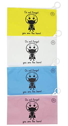 Funda para mascarilla Plegable 4uds 19x10,5cm, Impermeable con Cierre hermético, diseño Personalizado, para Bolso Bolsillo Coche, Set de 4 Colores Azul, Amarilla, Blanca y Rosa (Pack de 4 uds)