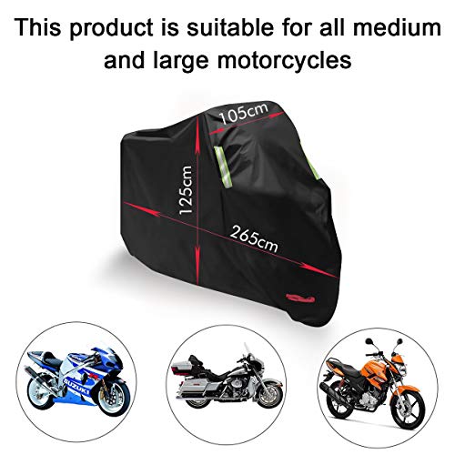 Funda para Moto, AngLink 210D Oxford 265 x 125 x 105 cm Funda Protector Cubierta de Moto Impermeable A Prueba de UV Agujeros de Bloqueo con Cubierta Contra Viento Negro