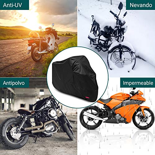 Funda para Moto Cubierta Protectora UV de la Motocicleta,Impermeable y Resistente al Viento Lluvia Nieve,Antipolvo al Aire Libre,XXL 245X105X125cm,Negro
