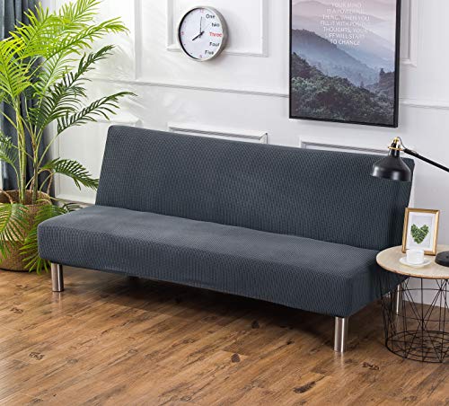Funda para sofá de futón, elástica, sin brazos, antideslizante, elástica, plegable, para sofá cama plegable (gris-azul, tejido Jacquard)