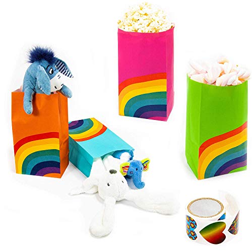 Funny House 40 PCS Bolsa de Fiesta Arco Iris, Papel Regalo Bolsas con 100 PCS Pegatina de Forma de Corazon , Fiesta de Cumpleaños Favores Bolsas para Niños Suministros Fiesta de Cumpleaños