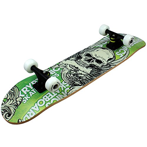 FunTomia® Skateboard monopatín rodamientos Mach1® y Rodillos de dureza 100A - Hecho con 7 Capas de Madera 100% Arce Canadiense (Verde/cráneo)