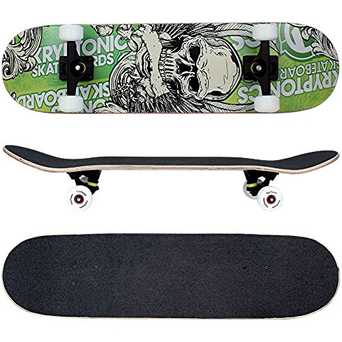 FunTomia® Skateboard monopatín rodamientos Mach1® y Rodillos de dureza 100A - Hecho con 7 Capas de Madera 100% Arce Canadiense (Verde/cráneo)