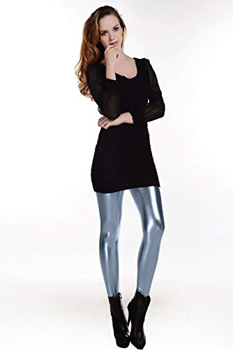 Furein Leggins para Mujer Elásticos Cómodos Acabado Colores Brillantes Metalizados Imitación Cuero con Cintura Elástica (Gris, S/M)