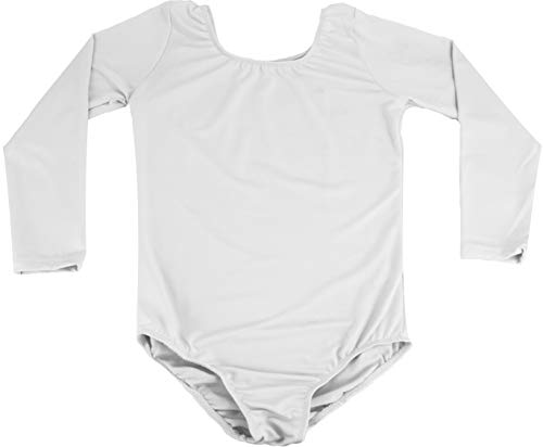 furein Maillot de Danza Ballet Gimnasia Leotardo Body Clásico Elástico para Niña de Manga Larga Cuello Redondo (12 años, Blanco)