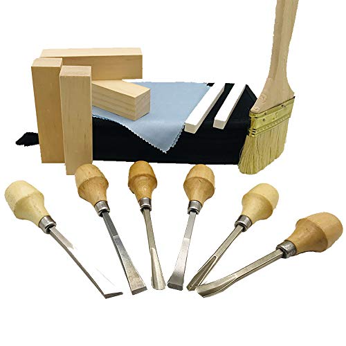 Fycooler Conjunto de herramientas de talla de madera Kit de herramientas de talla de madera de 20 piezas con cinceles tallados, bloques de tilo para Escultura casera de bricolaje Artesanía en madera
