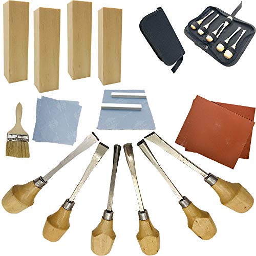 Fycooler Conjunto de herramientas de talla de madera Kit de herramientas de talla de madera de 20 piezas con cinceles tallados, bloques de tilo para Escultura casera de bricolaje Artesanía en madera