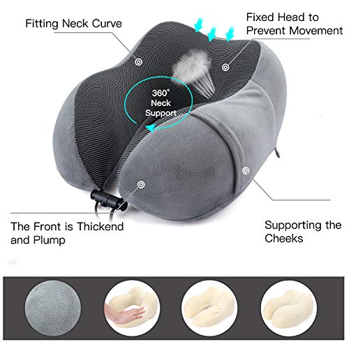 FYLINA Almohada de Viaje Viscoelástica de Espuma de Memoria, Cervical Orthopedic Pillow Almohada de Cuello para el Tren de avión Viajes con máscara de Ojos, Tapones y Bolsa de Transporte (Gris)