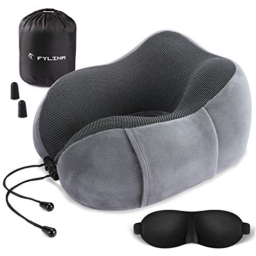 FYLINA Almohada de Viaje Viscoelástica de Espuma de Memoria, Cervical Orthopedic Pillow Almohada de Cuello para el Tren de avión Viajes con máscara de Ojos, Tapones y Bolsa de Transporte (Gris)