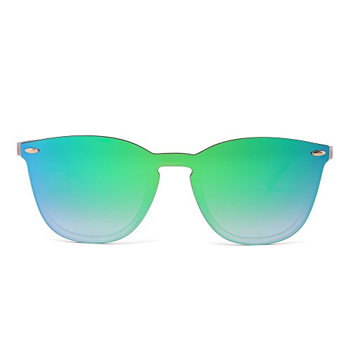 Gafas de Sol Sin Montura Una Pieza de Espejo Reflexivo Anteojos Para Hombre Mujer(Transparente Mate/Verde Espejo)