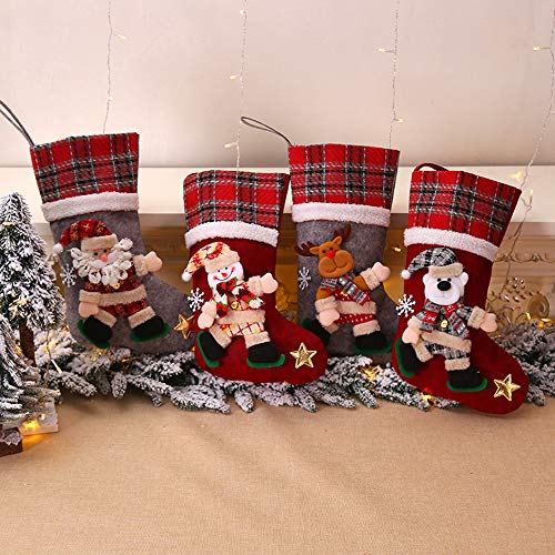 Galapara Medias de Navidad,Juego de 4 Calcetines de Navidad Regalode Decoración Bordado de Muñeco Nieve Mini Botas Bolsillo Calcetín de Tartán de Felpa Roja para Año de Dulces Presenta