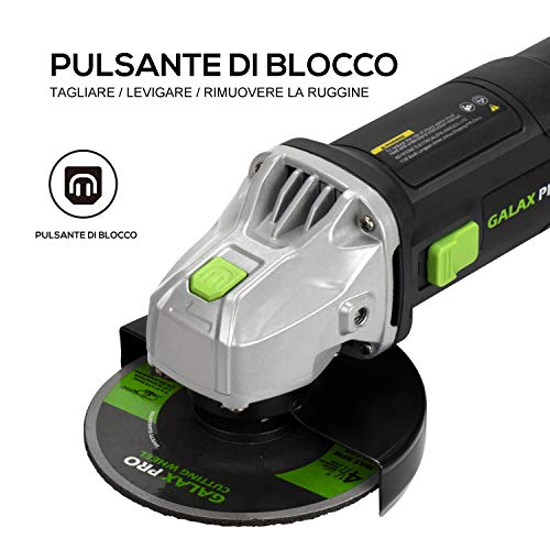 Galax Pro - Amoladora angular, motor 710 W 12000 RPM, casco protector, tuerca de sujeción, cabeza de metal, disco abrasivo 115 mm (2 discos de corte, 1 llave inglesa)