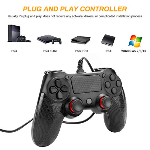 Gamepad Controller Powcan Mando para PC con Cable Joysticks con Doble vibracion Turbo y Botones de activacion para PS4 / PS4 Slim / PS4 Pro y PC con cable USB de 2.2 m de largo, negro (1)