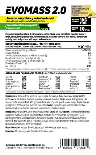 Ganador de Peso y Masa Muscular de HSN | Evomass 2.0 | Weight Gainer: Carbohidratos (Maltodextrina + Harina de Avena) + Whey Protein | Vegetariano, Sabor Chocolate Blanco Limón, 1Kg