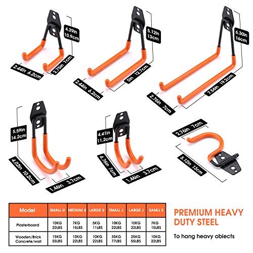 Ganchos de Garaje para Trabajo Pesado, Metal Organizador de Almacenamiento de Montaje en Pared con Revestimiento Antideslizante para Jardín Herramientas, Escaleras (12Pcs)