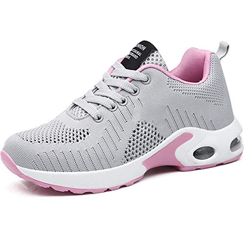 GAXmi Zapatillas Deportivas de Mujer Air Cordones Zapatos de Ligero Running Fitness Zapatillas de para Correr Antideslizantes Amortiguación Sneakers Rosa Gris 37 EU