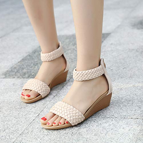 GBZLFH Sandalias de Plataforma para Mujer, Sandalias de cuña Tejidas con Punta Abierta y Punta Redonda de Moda, Cremallera Trasera con Punta Hueca, Zapatos Romanos Playa Gran tamaño Verano,Apricot,35