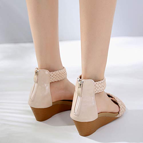 GBZLFH Sandalias de Plataforma para Mujer, Sandalias de cuña Tejidas con Punta Abierta y Punta Redonda de Moda, Cremallera Trasera con Punta Hueca, Zapatos Romanos Playa Gran tamaño Verano,Apricot,35