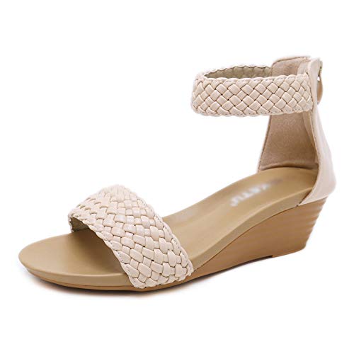 GBZLFH Sandalias de Plataforma para Mujer, Sandalias de cuña Tejidas con Punta Abierta y Punta Redonda de Moda, Cremallera Trasera con Punta Hueca, Zapatos Romanos Playa Gran tamaño Verano,Apricot,35