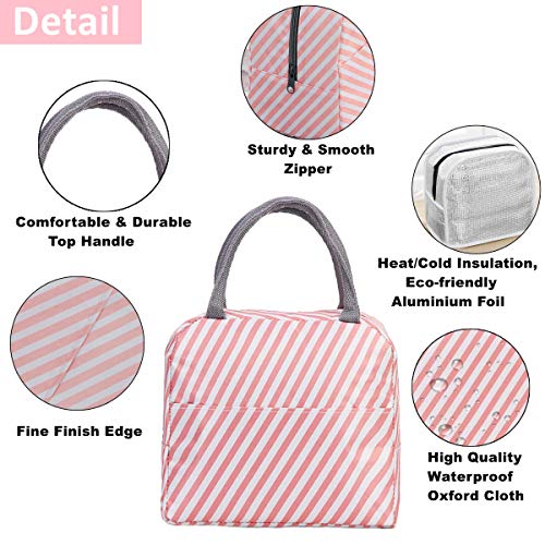 GCOA 2PCS Bolsa Térmica Almuerzo Impermeable Fiambrera Isotermica,Lunch Bag con bolsillo trasero,Para hombres, mujeres y niños (Flamingo & Pink Stripe)