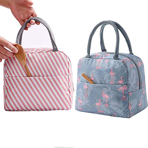 GCOA 2PCS Bolsa Térmica Almuerzo Impermeable Fiambrera Isotermica,Lunch Bag con bolsillo trasero,Para hombres, mujeres y niños (Flamingo & Pink Stripe)