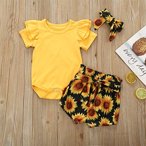 Geagodelia - Conjunto de ropa para bebé y niña, algodón con volantes, de manga corta y pantalón corto floral amarillo 0-6 meses Geagodelia - Conjunto de ropa para bebé y niña, algodón con volantes, de manga corta y pantalón corto floral amarillo 0-6 meses