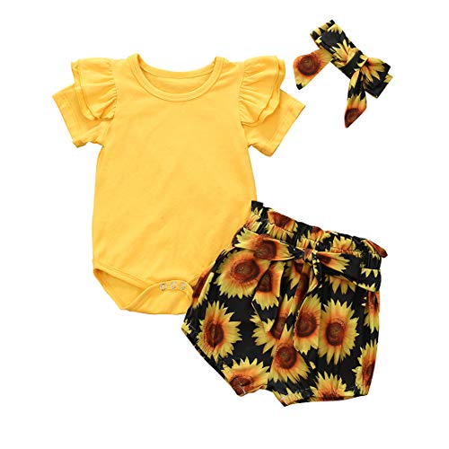 Geagodelia - Conjunto de ropa para bebé y niña, algodón con volantes, de manga corta y pantalón corto floral amarillo 0-6 meses Geagodelia - Conjunto de ropa para bebé y niña, algodón con volantes, de manga corta y pantalón corto floral amarillo 0-6 meses