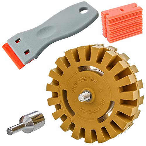 Gebildet 10cm Removedor de Calcomanías, Removedor de Adhesivos de Vinilo Ruedas con Taladro Adaptador, Disco para Eliminar Adhesivos de la carrocería, Rueda Goma Borrar + Raspador + 20pcs Cuchillas