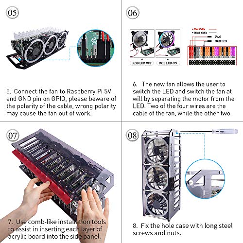 GeeekPi Raspberry Pi Cluster Case, Raspberry Pi Rack Caso apilable con ventilador 120mm RGB LED 5V Ventilador para Raspberry Pi 4B/3B+/3B/2B/B+ y Jetson Nano (12 capas)