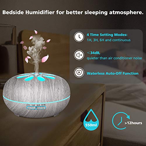 GeeRic humidificador ultrasónico aromaterapia 550ml, Difusor de aceite perfumado Nebulizador para aceites esenciales con 7 colores LED silencioso para yoga, madera GeeRic humidificador ultrasónico aromaterapia 550ml, Difusor de aceite perfumado Nebulizador para aceites esenciales con 7 colores LED silencioso para yoga, madera