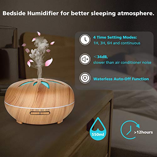 GeeRic humidificador ultrasónico aromaterapia 550ml, Difusor de aceite perfumado Nebulizador para aceites esenciales con 7 colores LED silencioso para yoga, madera GeeRic humidificador ultrasónico aromaterapia 550ml, Difusor de aceite perfumado Nebulizador para aceites esenciales con 7 colores LED silencioso para yoga, madera