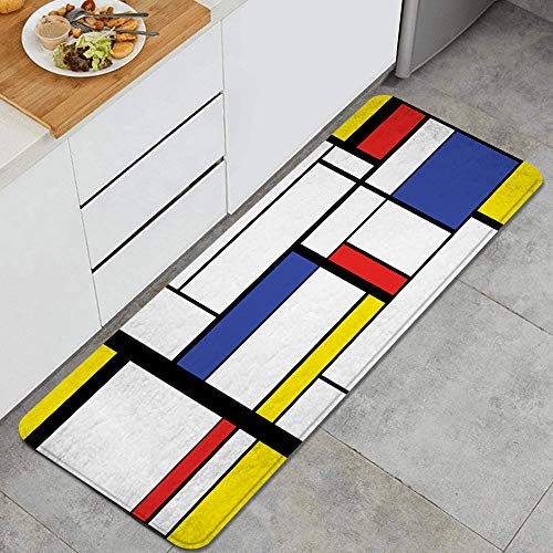 GEEVOSUN Pintura Moderna Abstracta de patrón Azul en Mondrian Colorida Bauhaus geométrica Alfombrillas de Cocina Antideslizantes Felpudo Lavable Juego de Alfombras de Microfibra