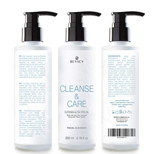 Gel Limpiador Facial con Aloe Vera, Árbol de Té, Eufrasia y Manzanilla- Jabón Facial Desmaquillante/Antibacteriano/Anti Acné - Cara y Rostro/Pieles Mixtas y Grasas - CLEANSE&CARE Beysey 200ml Gel Limpiador Facial con Aloe Vera, Árbol de Té, Eufrasia y Manzanilla- Jabón Facial Desmaquillante/Antibacteriano/Anti Acné - Cara y Rostro/Pieles Mixtas y Grasas - CLEANSE&CARE Beysey 200ml