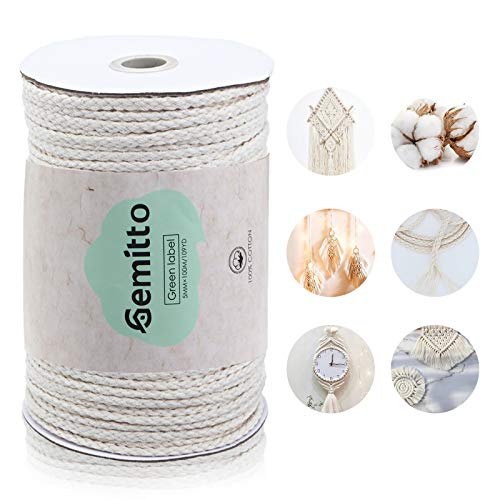 GEMITTO Cuerda de Algodón Natural, 90m x 5mm Algodón Cuerda Trenzado Decoracion Planta Bohemia DIY Hecha a Mano Craft, Beige