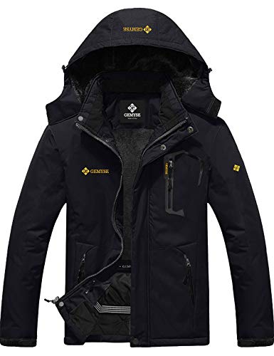 GEMYSE Chaqueta de esquí Impermeable de montaña para Hombre Abrigo de Invierno al Aire Libre de Lana a Prueba de Viento con Capucha (Negro,M)