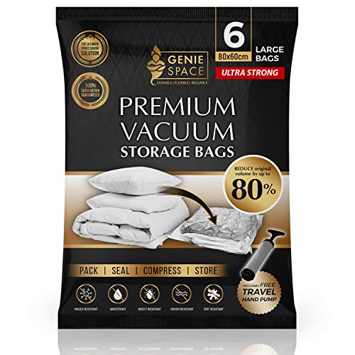 GENIE SPACE - Bolsas de Vacío Premium Increíblemente Fuertes Ahorro de Espacio | 6 x Grande - 80x60cm | Herméticas y Reutilizables | 80% más Espacio | Ropa, Toallas, Ropa de Cama, Edredones y más GENIE SPACE - Bolsas de Vacío Premium Increíblemente Fuertes Ahorro de Espacio | 6 x Grande - 80x60cm | Herméticas y Reutilizables | 80% más Espacio | Ropa, Toallas, Ropa de Cama, Edredones y más
