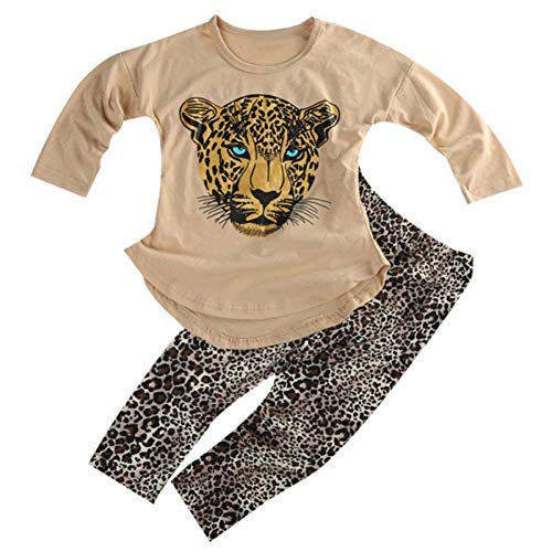 ggudd Niña Leopardo Impreso Manga Larga Tops y Polainas Pantalones Conjuntos de Trajes(Caqui,5-6 años)