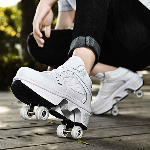 GGXINT Patines Deformación Patinaje sobre Ruedas De Doble Fila Patinaje Cuatro Rondas Zapatillas para Caminar Automático Patín De Ruedas Invisible Deportes Al Aire Libre,White with Light,36