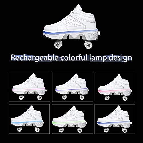 GGXINT Patines Deformación Patinaje sobre Ruedas De Doble Fila Patinaje Cuatro Rondas Zapatillas para Caminar Automático Patín De Ruedas Invisible Deportes Al Aire Libre,White with Light,36