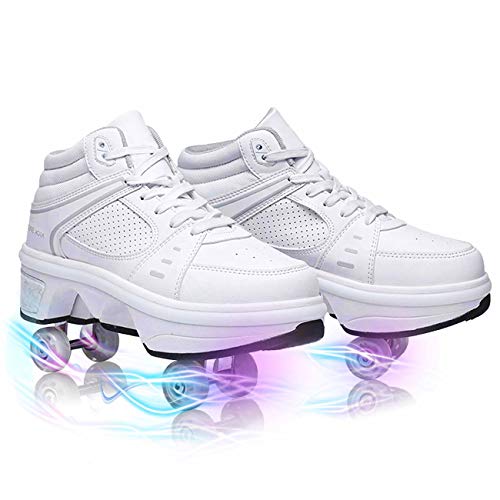 GGXINT Patines Deformación Patinaje sobre Ruedas De Doble Fila Patinaje Cuatro Rondas Zapatillas para Caminar Automático Patín De Ruedas Invisible Deportes Al Aire Libre,White with Light,36