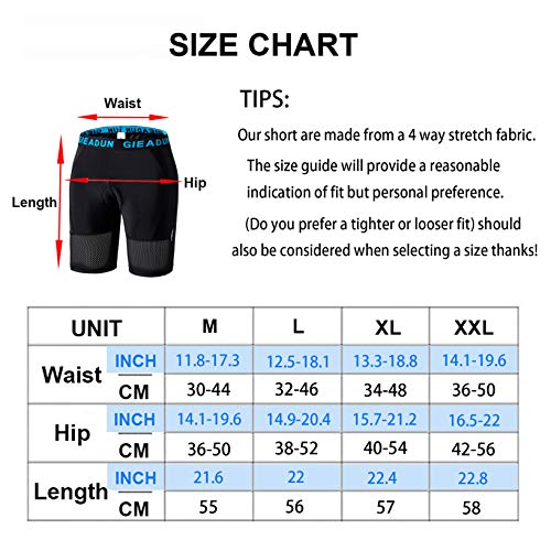 GIEADUN Hombre Pantalones Cortos de Bicicleta Shorts de Ciclismo Hombre con 20D Acolchado MTB Ciclismo Pantalones Cortos Ropa Interior de Bicicleta estáticas (Negro, XXL)