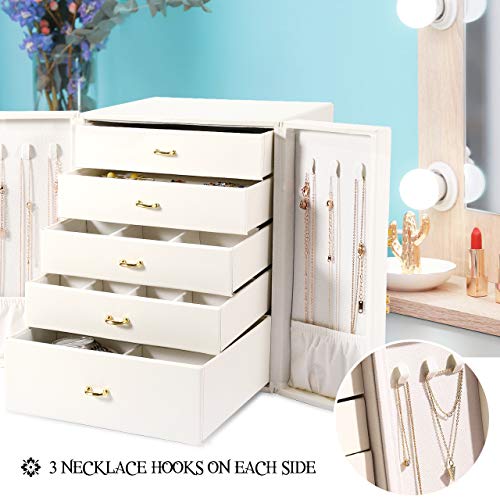 Gifort Caja Joyero, Caja de Joyas Grande Estuche Organizador de Joyas Doble Puerta con 5 Cajones para Anillos Pendientes Relojes, Regalo para Niñas Mujeres