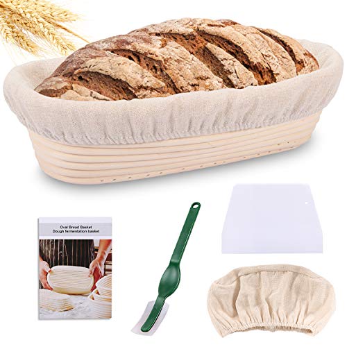 Gifort Cesta de Fermentación de Pan, Banneton Ovalada 750g, Cesta de Ratán Natural para Pan y Masa 28 x 14 x 8 cm con Tela de Lino, Raspador de Masa y Cuchillo de Panadero (1 pcs)