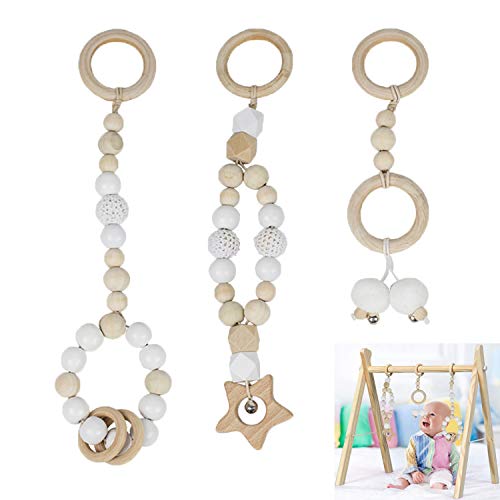 Gimnasio Juguete Madera para Bebé, 3pcs Madera Aanillo Mordedor de Bebé, Dentición de Madera Juguete, Cuentas de Ganchillo Cuentas De Silicona Perlas, Juguete Educativo para Niños Pequeños - Beige