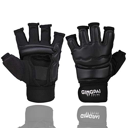 Gingpai Taekwondo - Guantes de karate para sparring artes marciales, guantes de entrenamiento de medio dedo para hombres, mujeres y niños (XS-Negro)