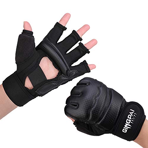 Gingpai Taekwondo - Guantes de karate para sparring artes marciales, guantes de entrenamiento de medio dedo para hombres, mujeres y niños (XS-Negro)